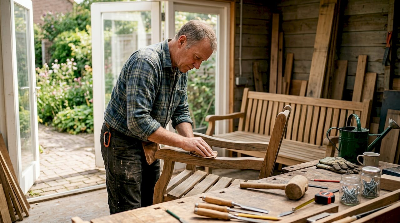 Ein Handwerker schleift im Freien einen Gartenstuhl aus Teakholz ab.