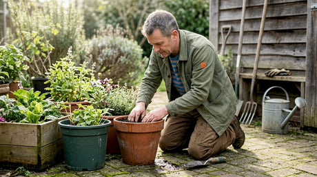 Jemand untersucht die Beschaffenheit der Erde in unterschiedlichen Blumentöpfen.
