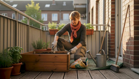Eine Frau richtet ihren Balkonkasten für die neue Pflanzsaison auf dem Stadtbalkon her.