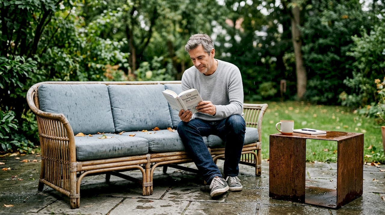 Trotz Regens macht es sich jemand auf dem Rattansofa im Garten gemütlich.