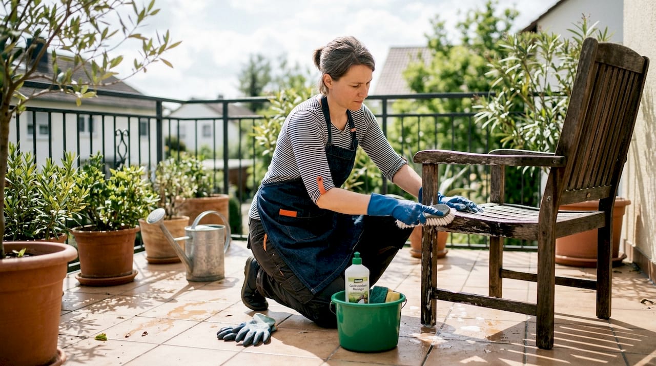 Eine Frau putzt ihren Gartenstuhl aus Holz auf der Terrasse.