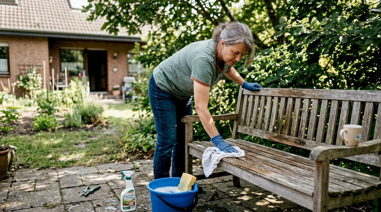 Eine Frau säubert im Garten eine Holzbank.