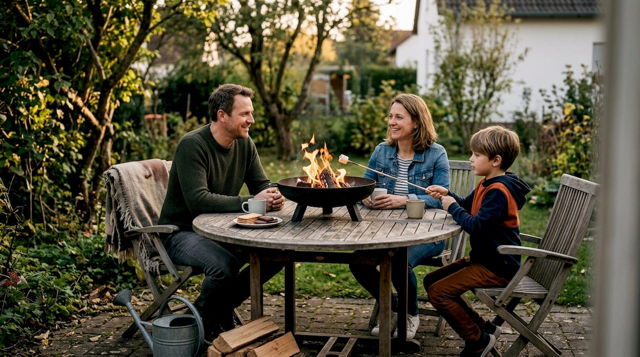 Gemütliches Beisammensein der Familie am Gartentisch mit einer wärmenden Feuerschale