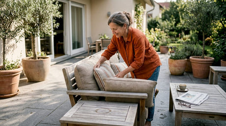 Eine Frau richtet auf der Terrasse die Sofakissen ordentlich zurecht.