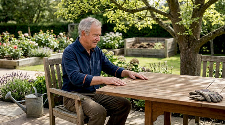 Ein Mann testet umweltfreundliche Gartenmöbel direkt in seinem Garten und prüft, wie bequem und praktisch sie im Alltag sind.