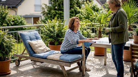 Eine Frau pflegt ihre Teakholz-Gartenlounge und sorgt dafür, dass sie lange schön bleibt.