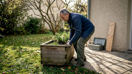 Ein Mann stellt einen Pflanzkübel im Garten auf.