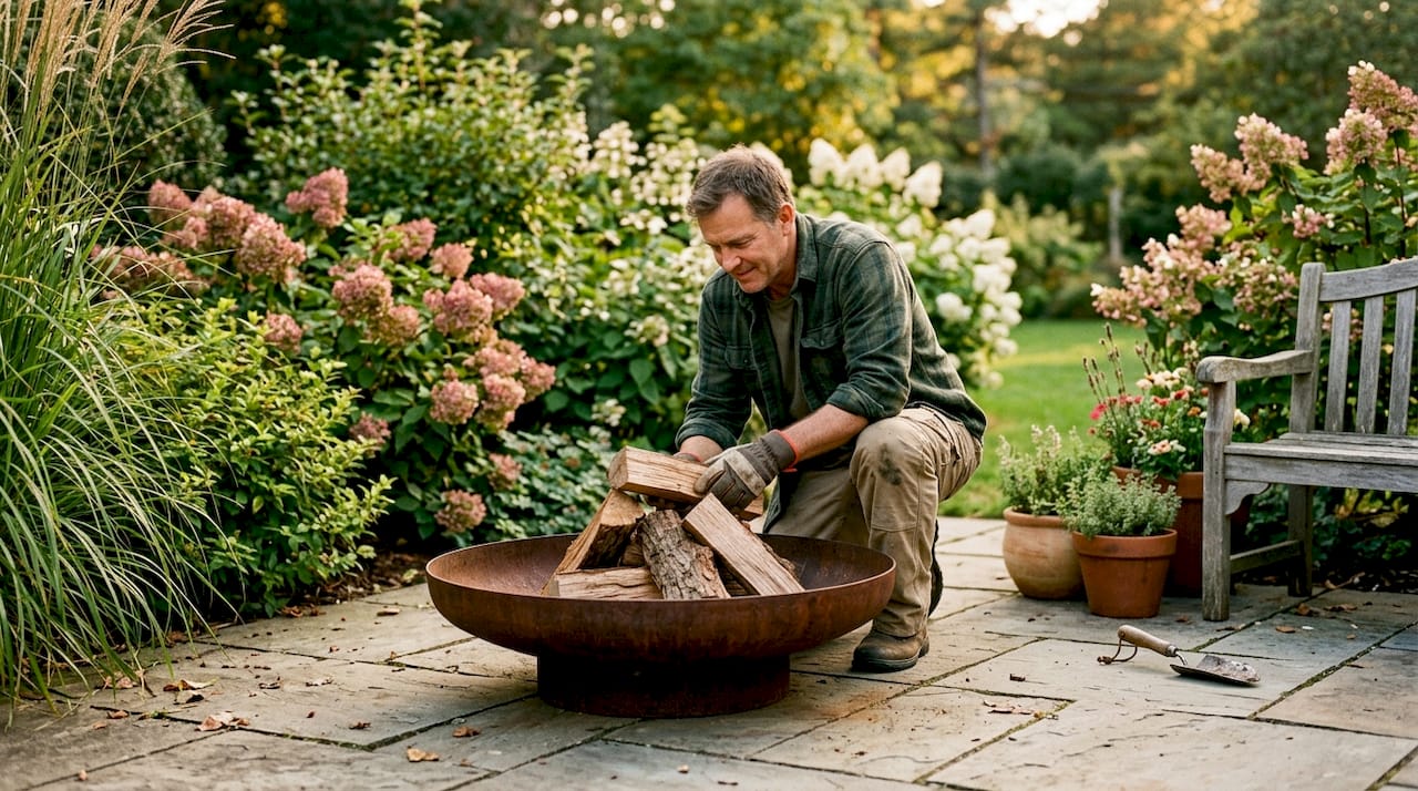 Eine Feuerschale aus Cortenstahl als stilvoller Blickfang im Garten