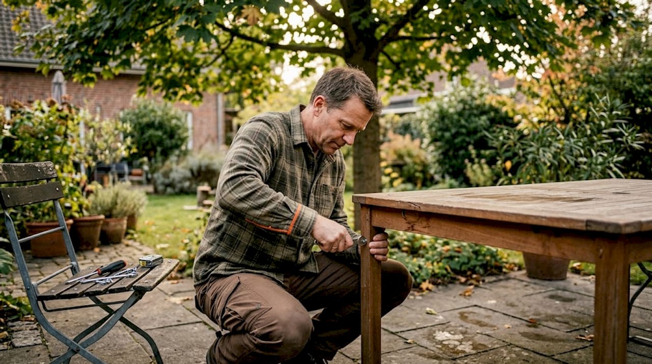 Ein Mann arbeitet draußen im Garten an seinem Tisch auf der Terrasse.
