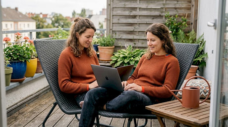 Eine Frau bestellt online neue Gartenmöbel für ihren Balkon.