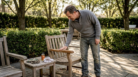Ein Mann begutachtet im Freien das Material seiner Gartenmöbel.