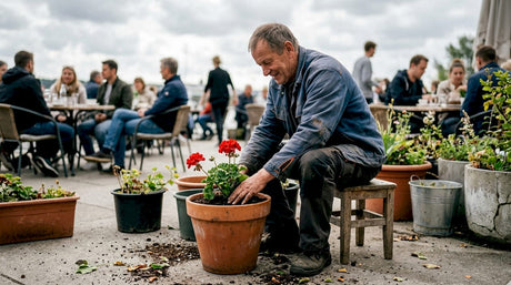Ein Mann gestaltet seine Terrasse, indem er verschiedene Blumenkübel und Töpfe bepflanzt.