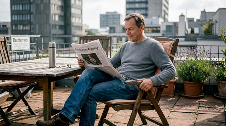 Ein Mann sitzt entspannt in einem ergonomischen Stuhl auf der Dachterrasse und vertieft sich in ein Buch.