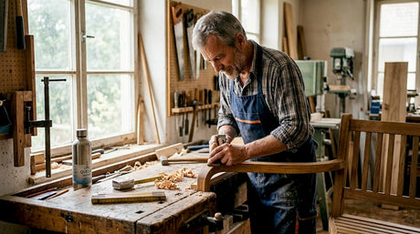 In seiner Werkstatt baut der Schreiner einen Gartenstuhl.