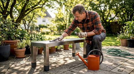 Eine Person begutachtet eine Edelstahlbank im Garten.