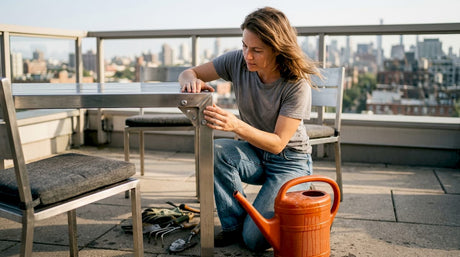 Eine Frau inspiziert die Gartenmöbel auf ihrer Terrasse.
