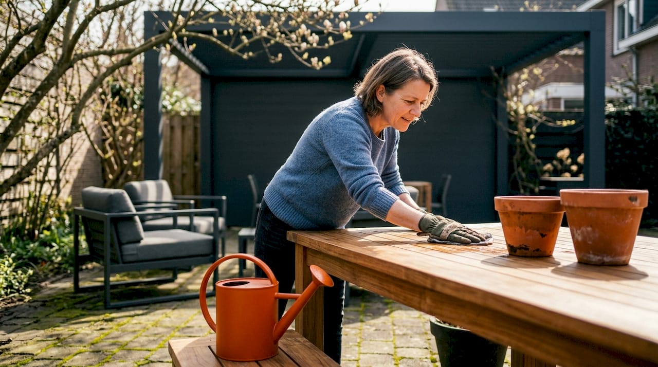 Eine Frau kümmert sich bei strahlendem Sonnenschein um ihre Gartenmöbel.