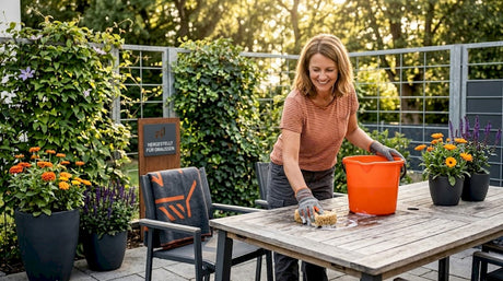 Auf der Terrasse bringt eine Frau ihren Holztisch mit umweltfreundlichen Mitteln wieder zum Glänzen.