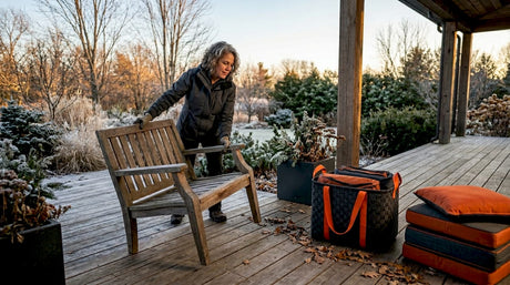 Eine Frau macht ihre Gartenmöbel winterfest.
