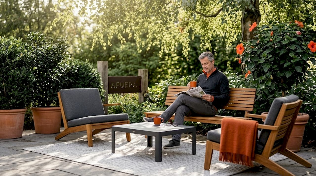 Entspannt lehnt man sich auf einer modernen Gartenbank aus Teakholz zurück und genießt die Ruhe.