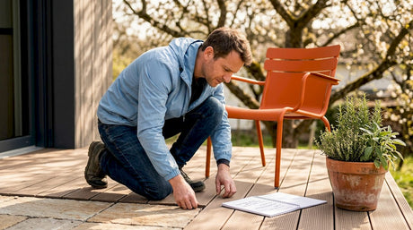 Ein Architekt prüft die Wetterbeständigkeit der Materialien auf der Terrasse.