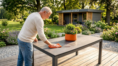 Ein Mann reinigt seinen HPL-Gartentisch auf der Terrasse.