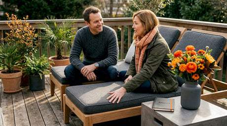 Eine entspannte Alltagsszene auf der Terrasse, stilvoll eingerichtet mit hochwertigen Gartenmöbeln.