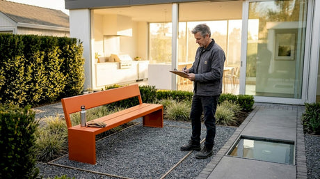 Ein Designer entwirft per Hand einen modernen, klar strukturierten Gartenplan.