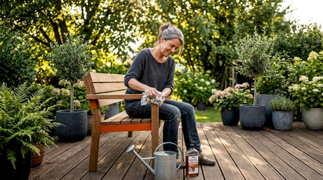Eine Frau wischt mit einem Tuch die Gartenbank sauber.