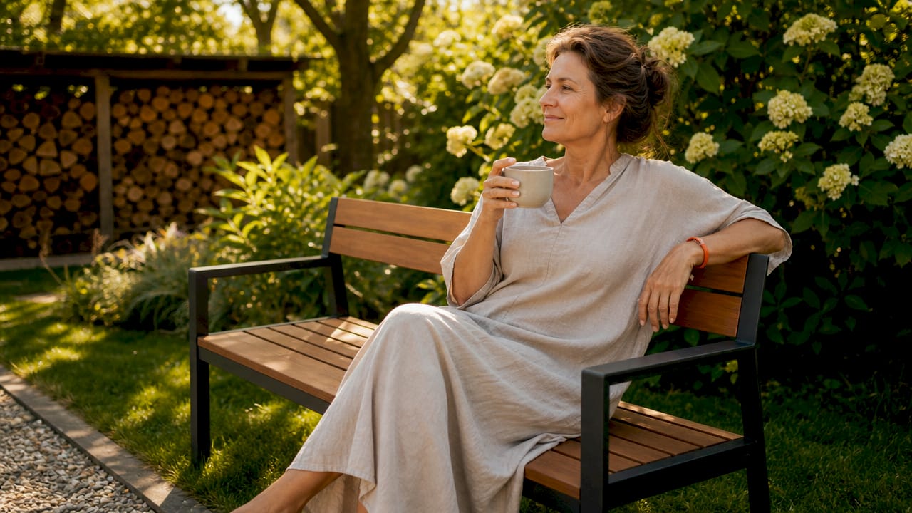 Eine Frau genießt entspannte Stunden auf einer gemütlichen Gartenlounge.