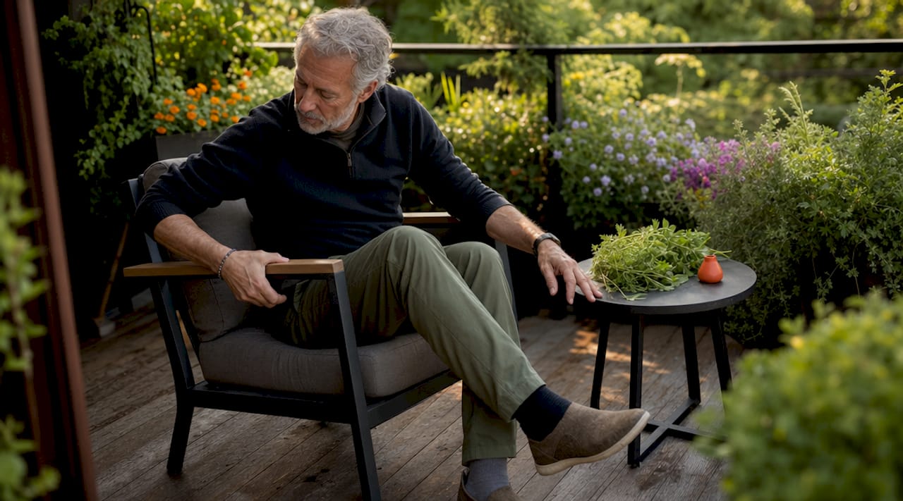 Ein älterer Herr begutachtet auf der Terrasse einen wetterfesten Gartenstuhl.