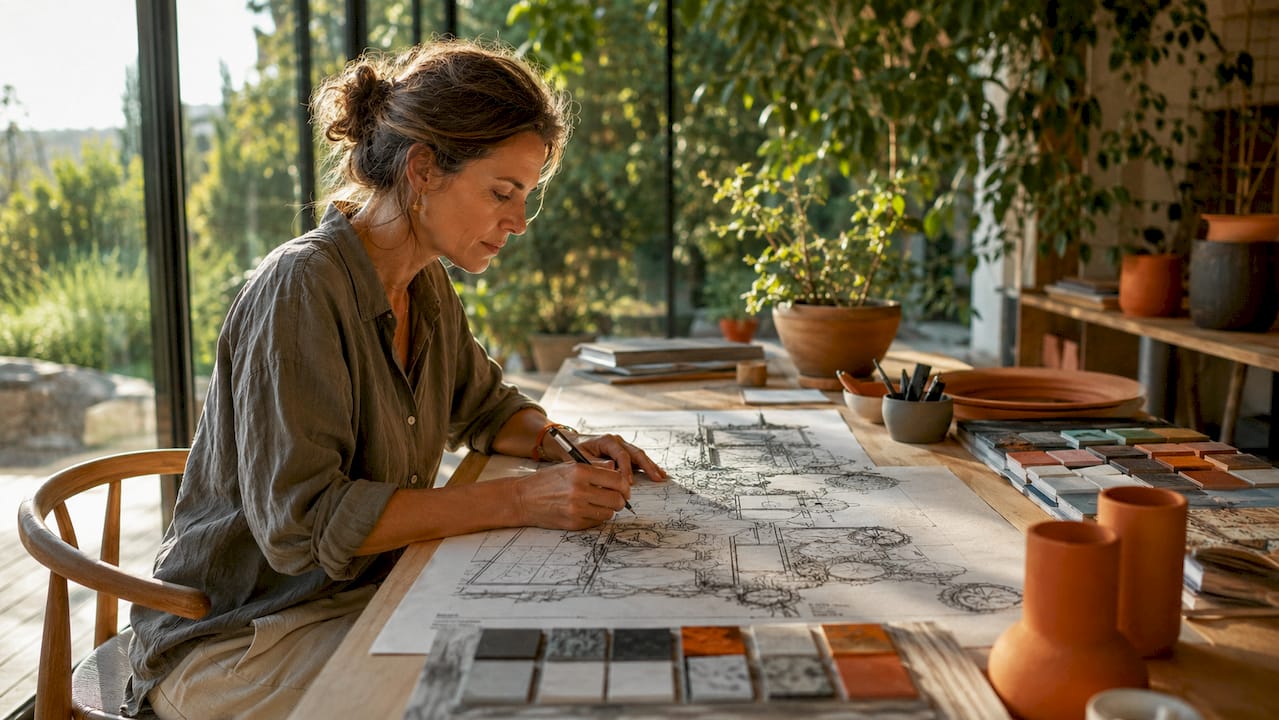 Eine Landschaftsarchitektin entwirft gemeinsam mit Kundinnen und Kunden am Schreibtisch individuelle Gartenkonzepte.