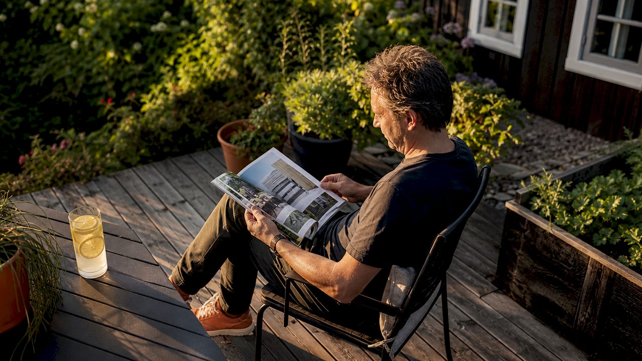 Ein Mann begutachtet auf seiner Terrasse die wetterfesten Gartenmöbel.