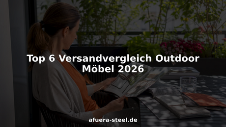 Eine Frau sitzt auf ihrer Terrasse und blättert durch verschiedene Gartenmöbel-Kataloge, um die passende Ausstattung für draußen zu finden.