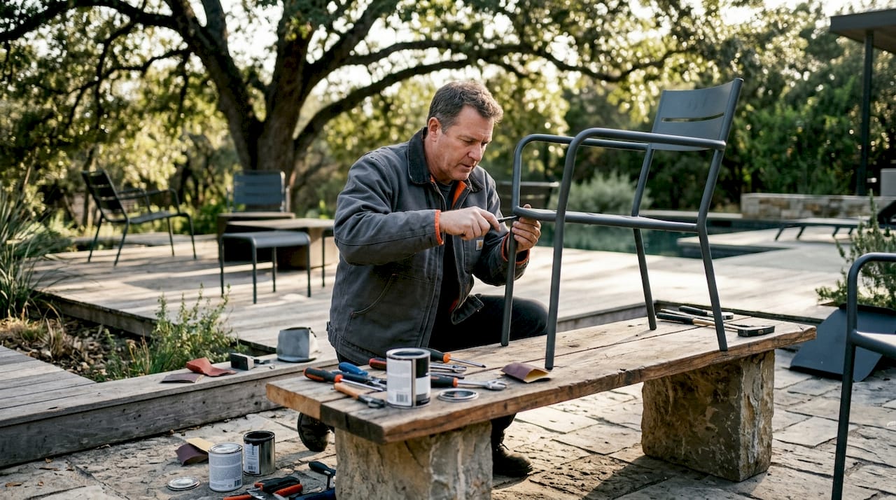 Ein Handwerker bearbeitet ein Möbelstück mit pulverbeschichteter Oberfläche.