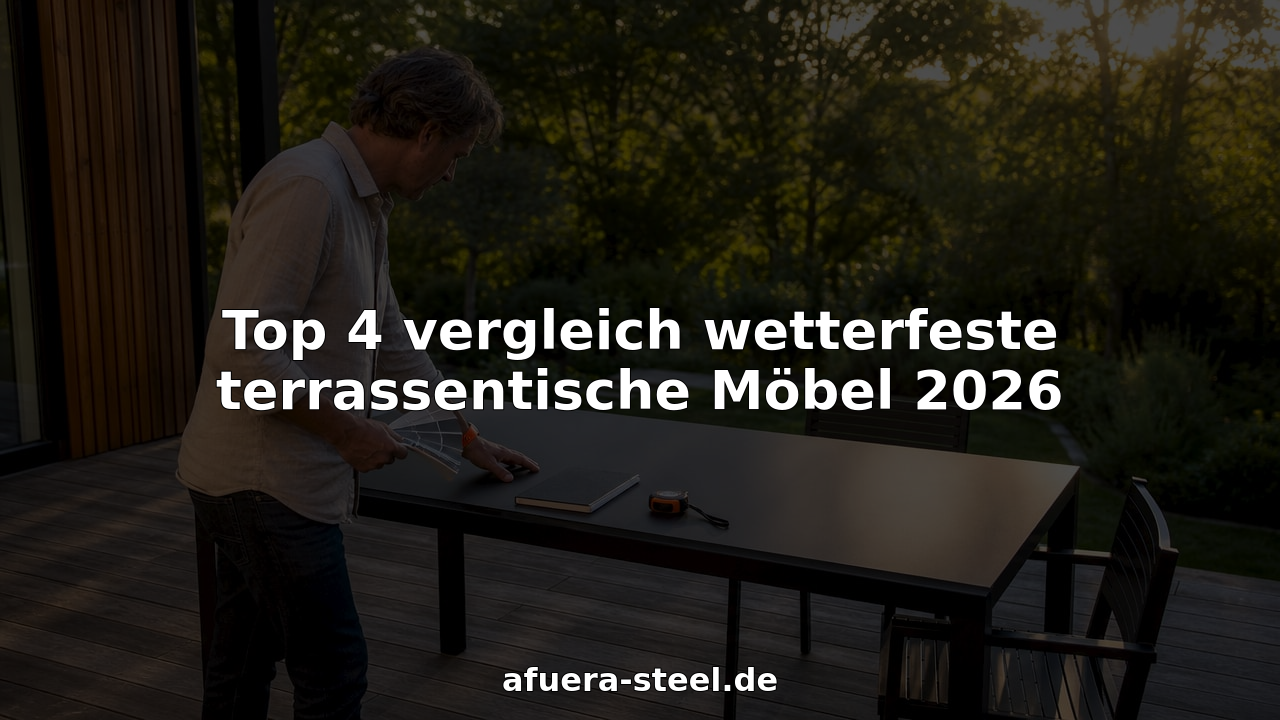 Ein Mann prüft draußen einen wetterfesten Terrassentisch auf Herz und Nieren.