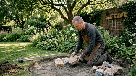 Mit ein paar Steinen legt ein Mann eine gemütliche Feuerstelle im eigenen Garten an.