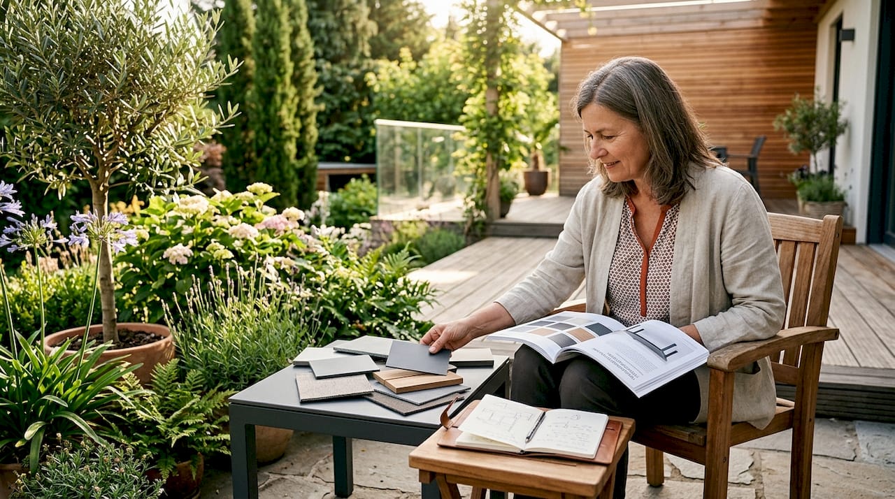 Eine Frau begutachtet verschiedene Materialien für ihren neuen Terrassentisch direkt auf der Terrasse.