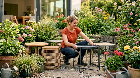 Ein Wohnzimmer, das mit unterschiedlichen, modernen Beistelltischen stilvoll eingerichtet ist.