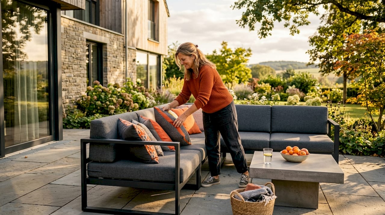 Eine Frau verwandelt ihre Terrasse in eine gemütliche Outdoor-Oase.