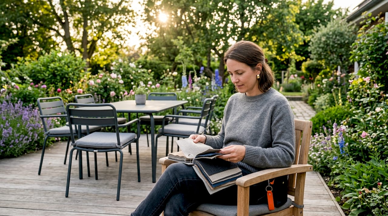 Eine Frau begutachtet verschiedene Materialien für Gartenmöbel auf ihrer Terrasse.