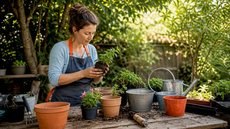 Eine Frau stellt im Garten verschiedene Blumentöpfe und Pflanzgefäße liebevoll zusammen.