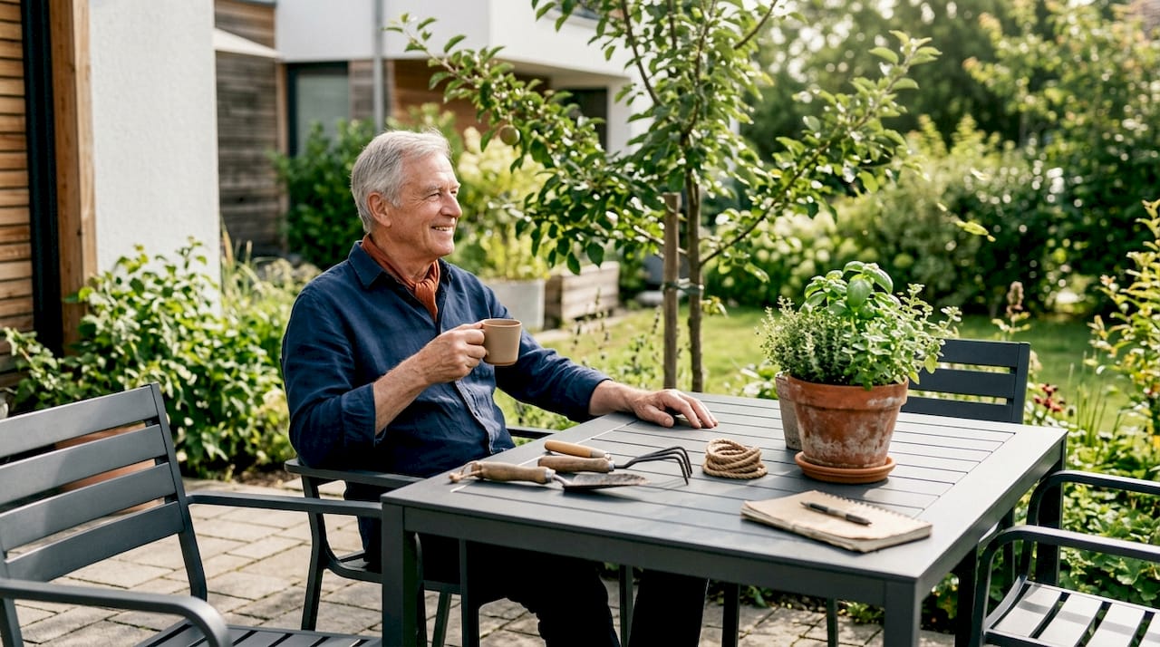 Ein älterer Herr sitzt entspannt an einem robusten Gartentisch im Freien.