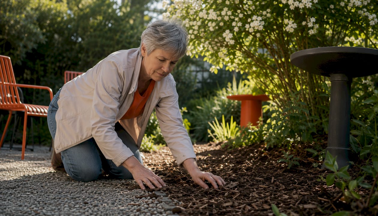 Eine Frau bringt den Mulch auf dem Gartenweg in Ordnung.