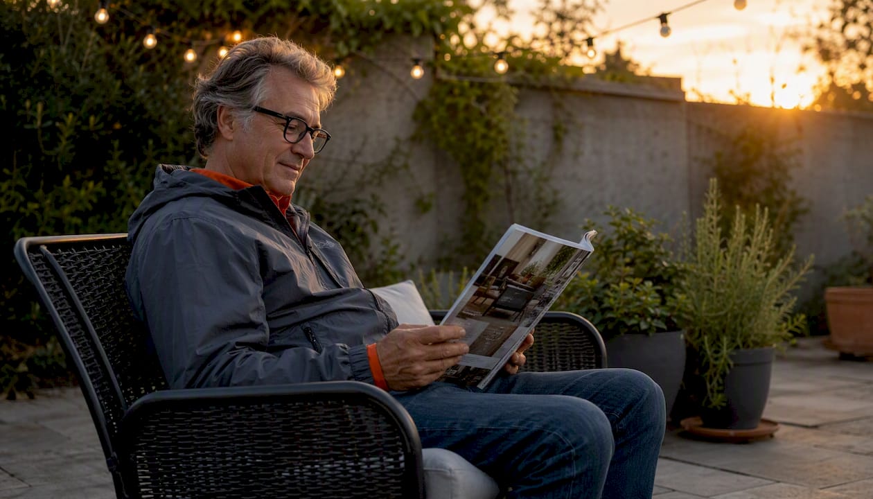 Ein Mann genießt entspannt ein gutes Buch auf seiner überdachten Terrasse – selbst bei wechselhaftem Wetter.