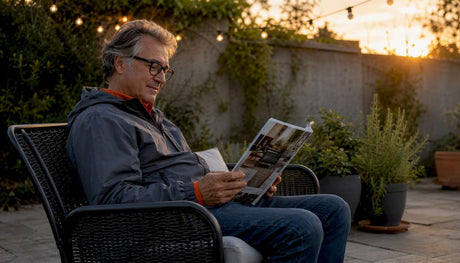 Ein Mann genießt entspannt ein gutes Buch auf seiner überdachten Terrasse – selbst bei wechselhaftem Wetter.