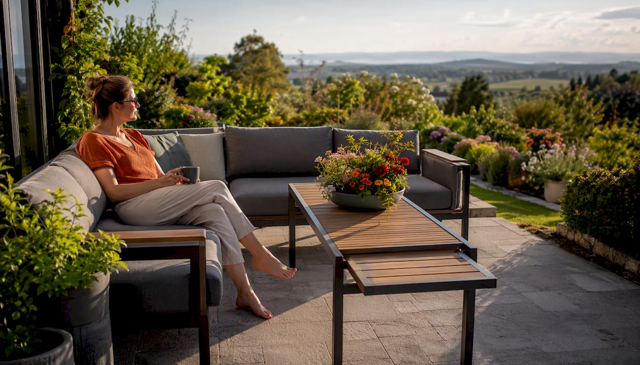 Eine Frau entspannt sich auf einer modularen Gartencouch auf der Terrasse.