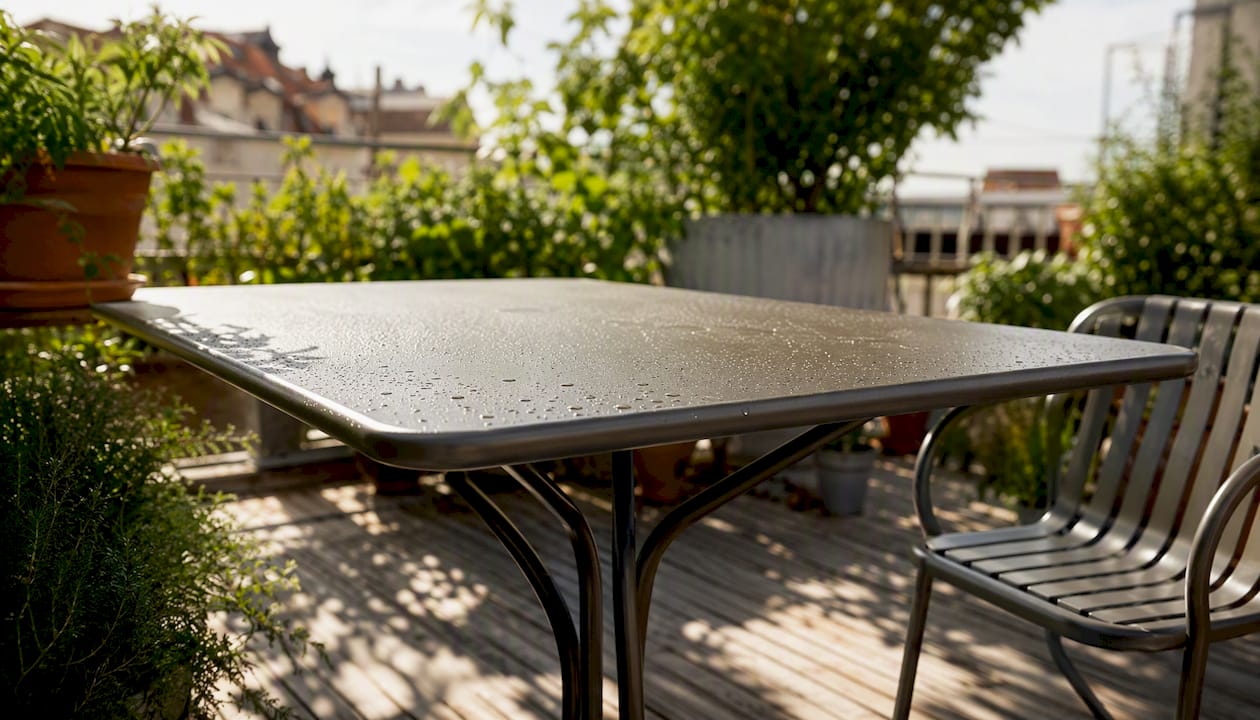 Detailaufnahme eines wetterfesten Balkontischs auf dem Balkon