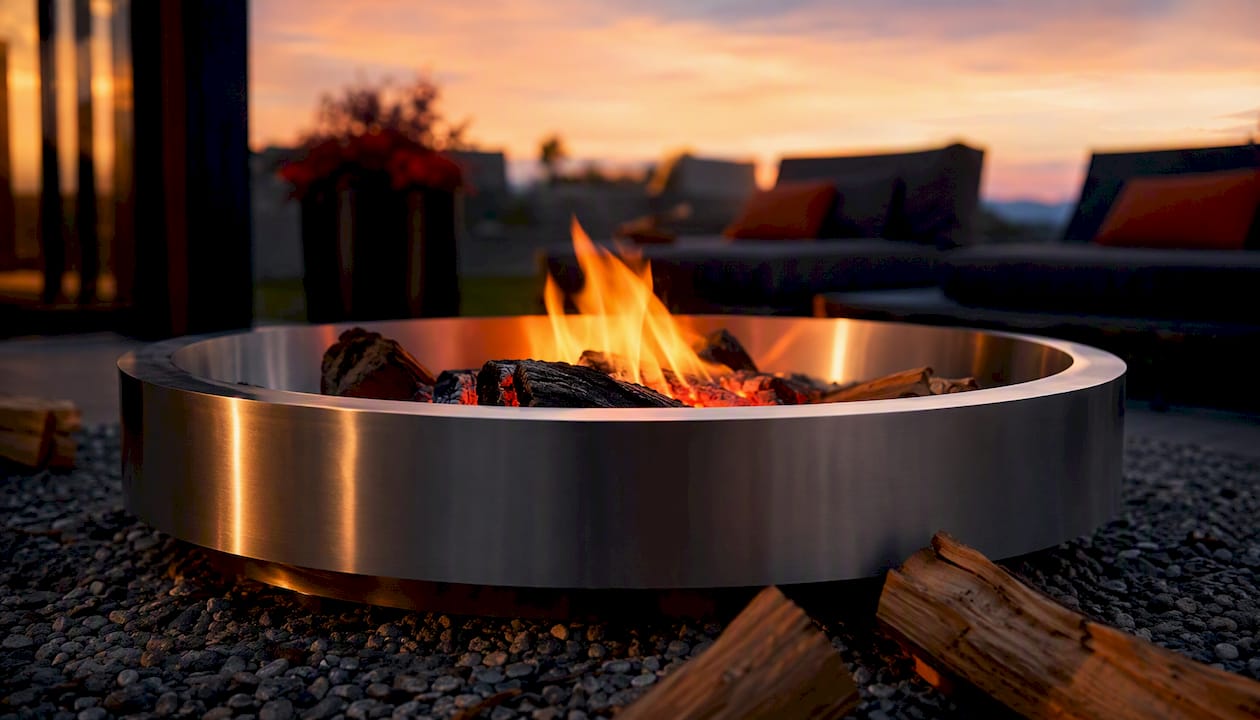 Gemütliches Feuer in der Feuerschale auf der Terrasse