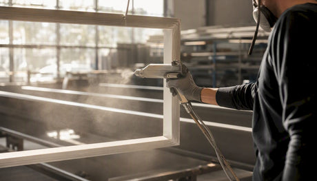 Metallrahmen werden mithilfe einer Spritzpistole pulverbeschichtet.